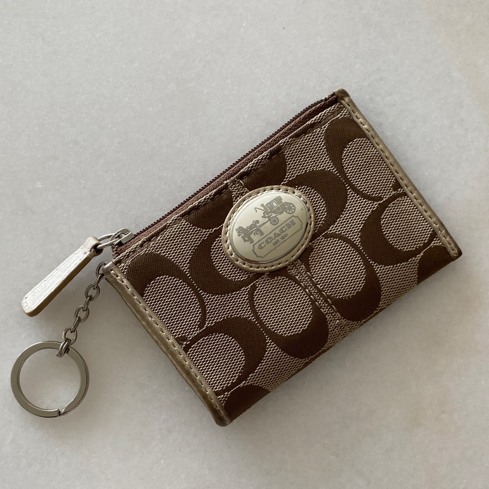 Coach Brown Signature Key Card Case with Keyring